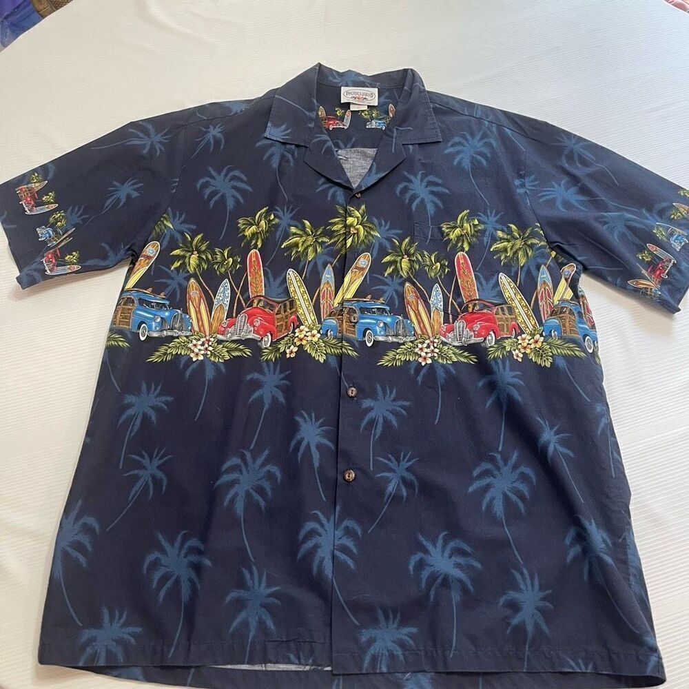 Pacific Legend VTG Surf Palm Blue Short Sleeve Button Up Shirt Size XL